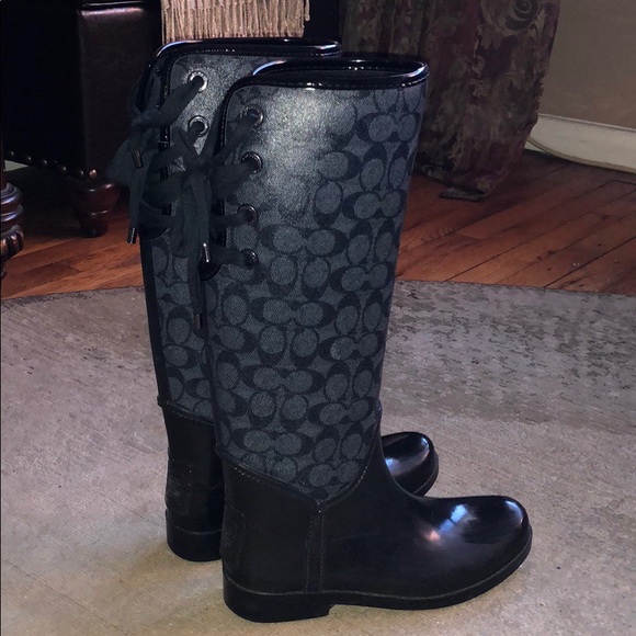 Coach Shoes - Coach logo lace up rain boots grey black size 8